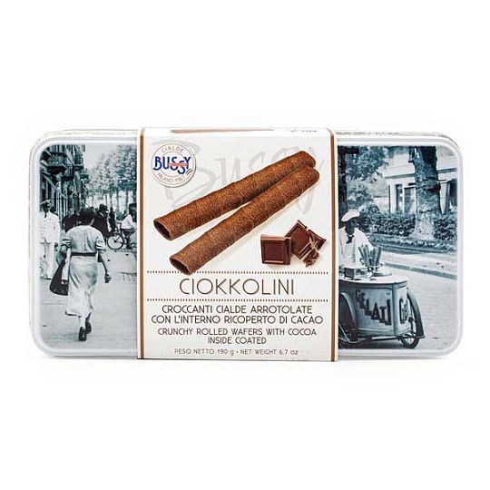 Хрустящие вафельные трубочки, покрытые  какао внутри CIOKKOLINI, Bussy, 190 г (винтажная ж/б)