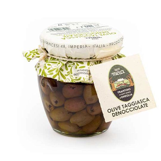 Оливки Таджаски без косточек в оливковом масле первого холодного отжима (экстра верджин) 29%, SANT'AGATA, 180 г